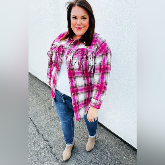 **NWT** Haptics Magenta Fringe Plaid Shacket - Picture 2 of 12